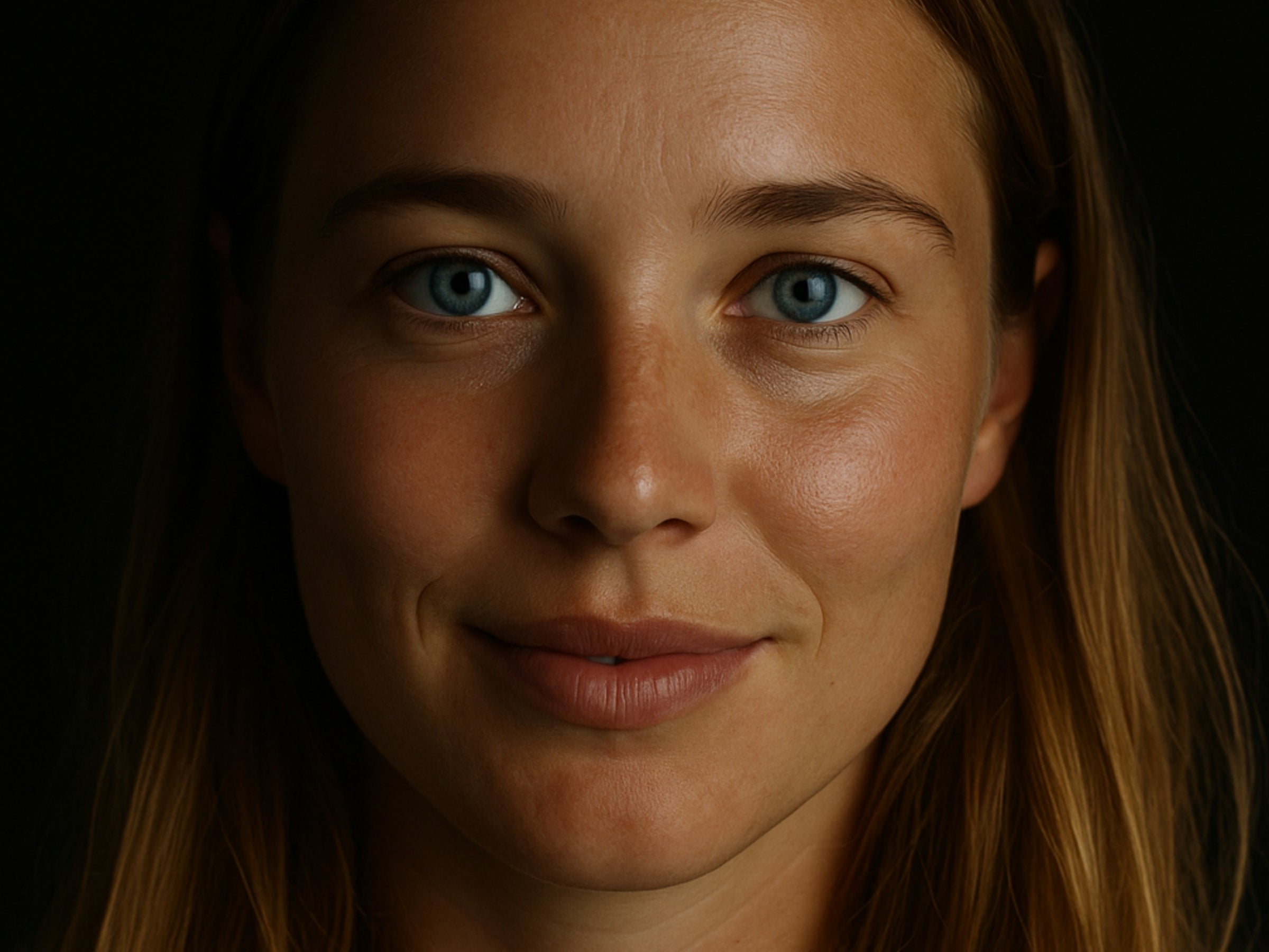 Close-up of a person with blue eyes and blonde hair against a dark background