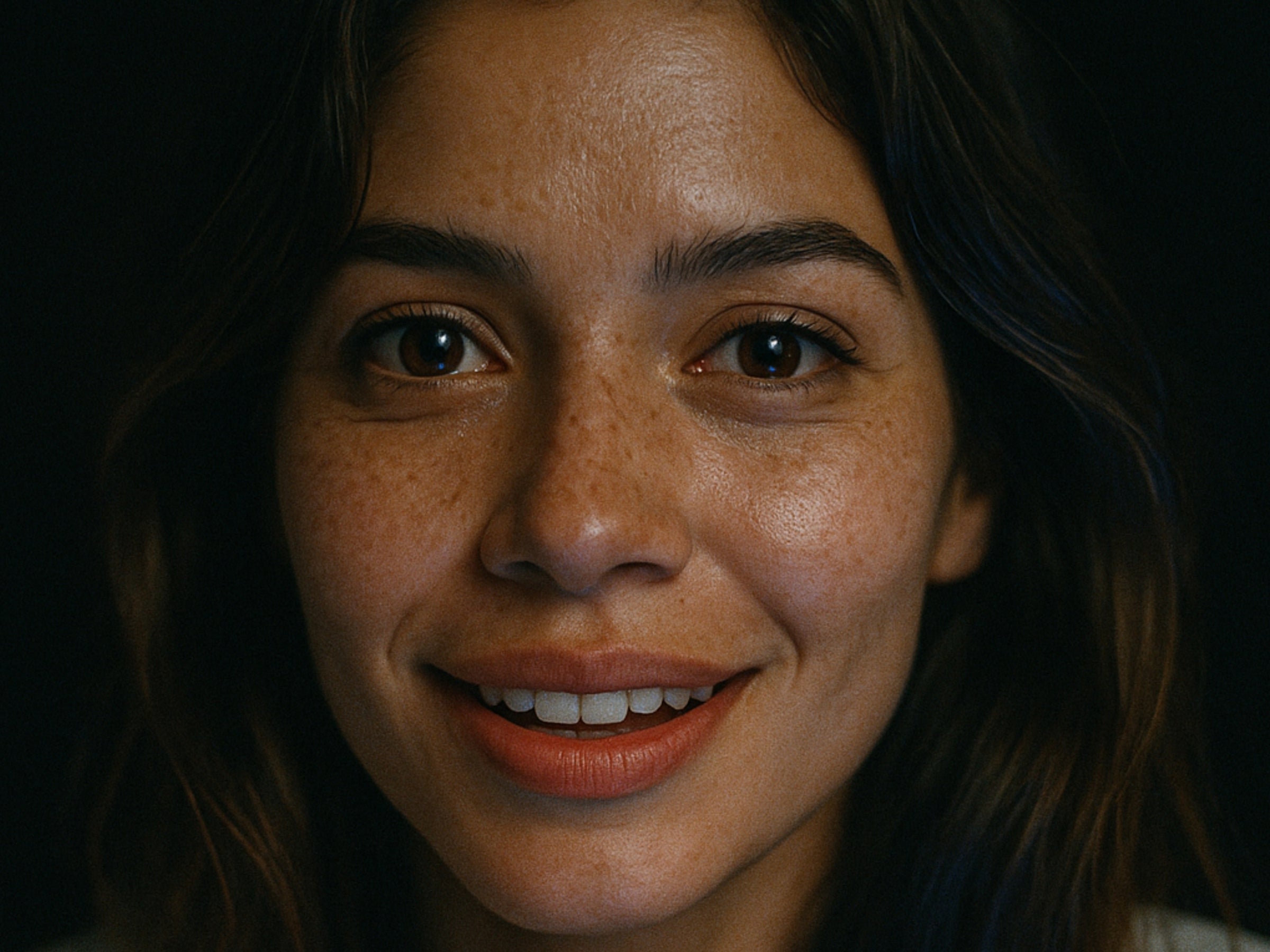 Close-up of a person with dark hair and freckles against a dark background
