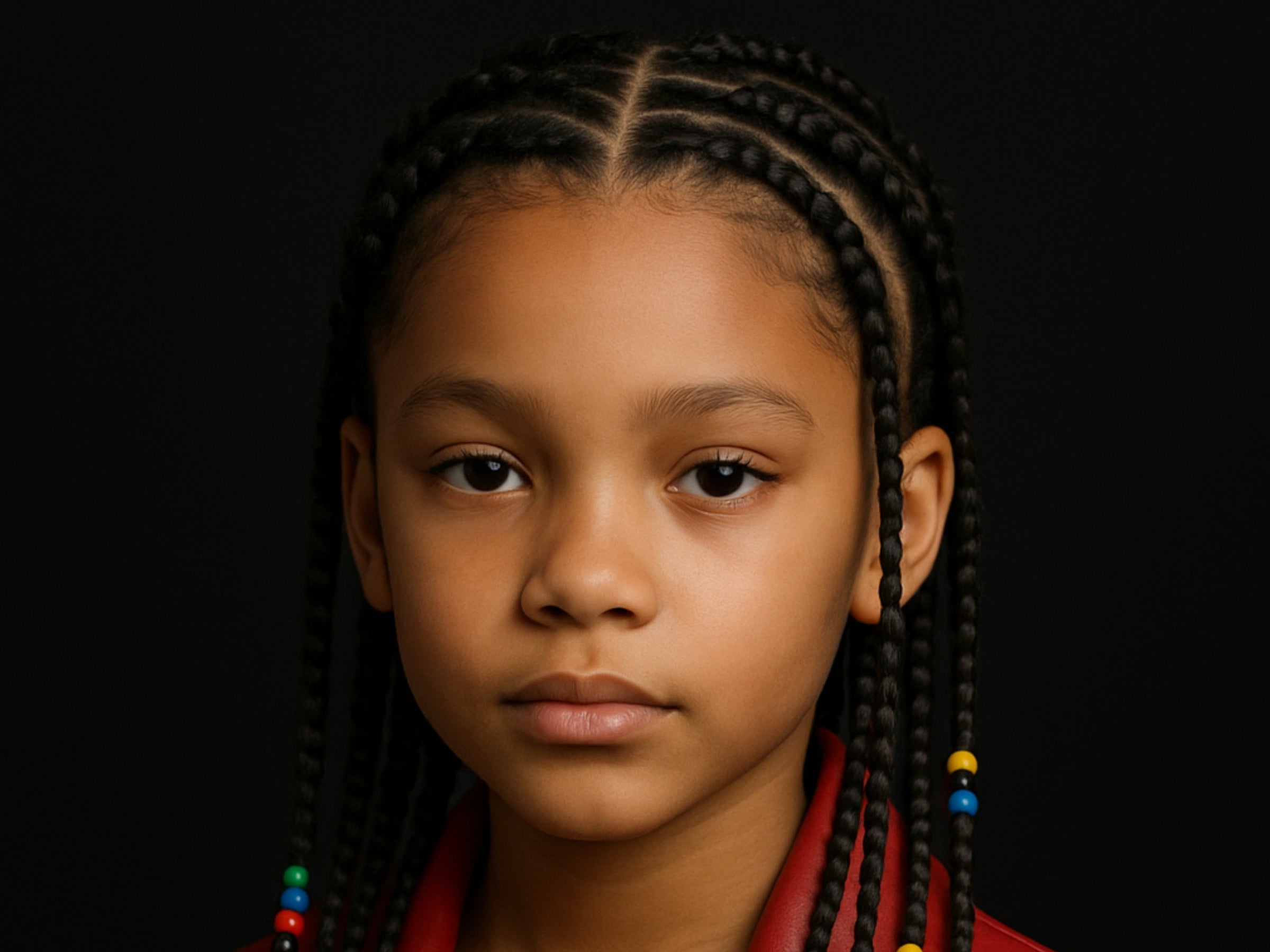 Young girl with braided hair wearing colorful beads against a black background