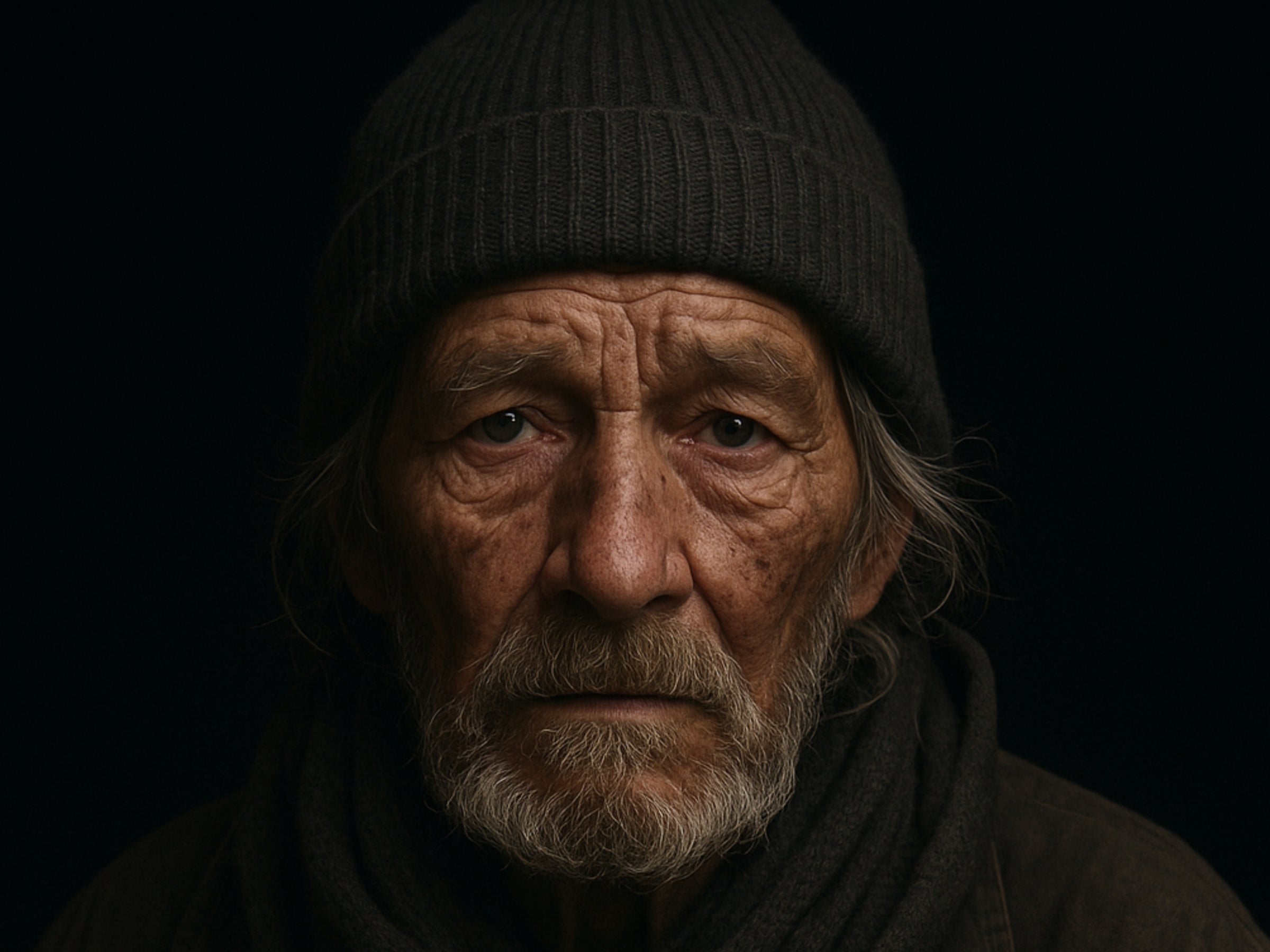 Portrait of an elderly man wearing a dark knit hat and scarf against a black background