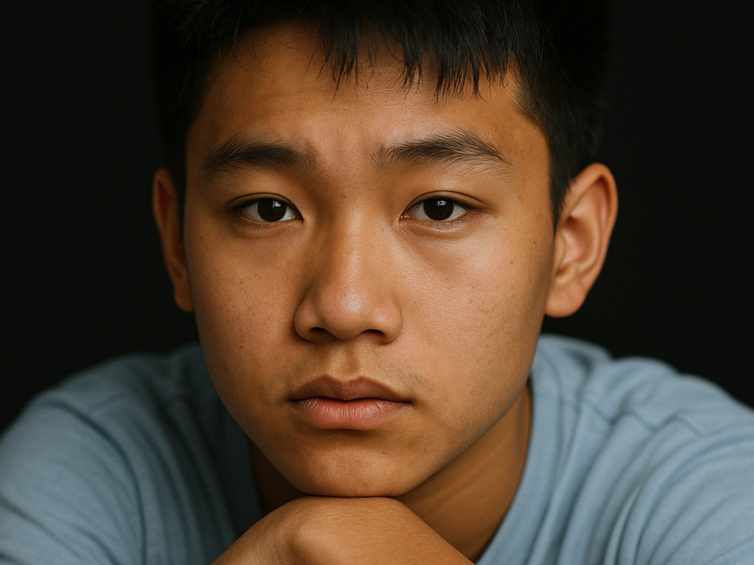 Young man wearing a light blue shirt against a black background